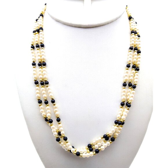 Neutral Seed Bead Torsade Necklace, Black and White Vintage Strands, Multi Stran - Picture 1 of 3
